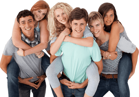 Transparent Teenagers Giving Friends Piggyback Rides Smiling