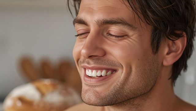 Smiling man closing eyes enjoying morning bread in kitchen close-up with dimples