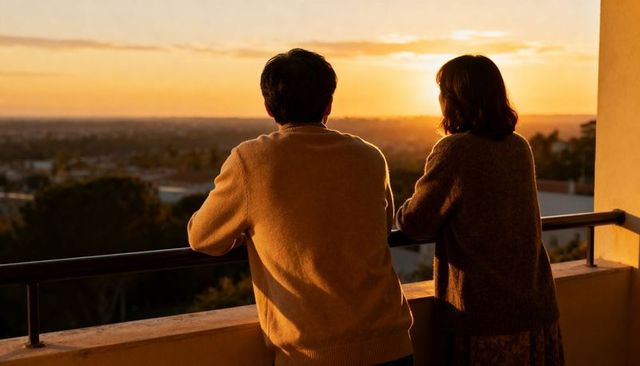 Couple watching sunset from balcony at golden hour, leaning on railing, cozy knit sweaters