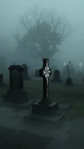 Dollying through foggy cemetery path revealing ornate black cross with filigree vertical video