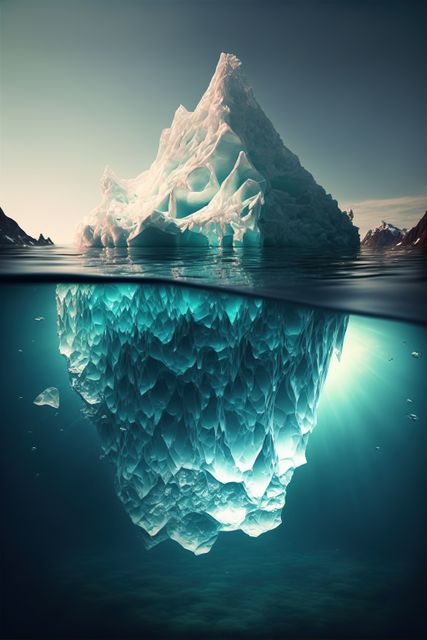 Composition of iceberg in clear sea over blue sky, created using generative ai technology. Nature and icebergs concept digitally generated image.