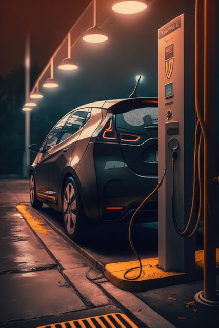 Grey electric car charging in charging station, created using generative ai technology. Electric car and eco transport concept digitally generated image.