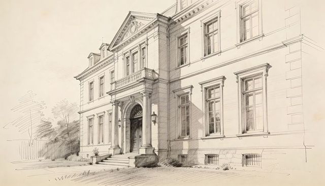 Pencil sketch showing neoclassical mansion facade with portico columns and arched door