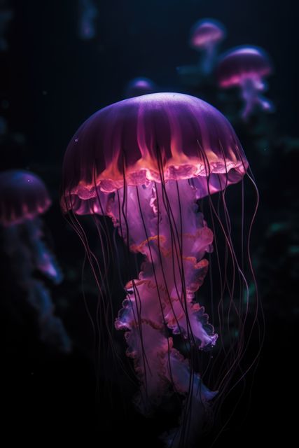 Close up of purple glowing jellyfish underwater, created using generative ai technology. Ocean life, fish and beauty in nature concept digitally generated image.