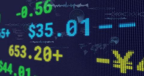 Cyberpunk Stock Ticker Showing Neon Currency Values, Decimal Readouts and Trading Signals
