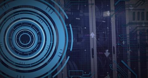 Concentric Blue HUD Overlay in Data Center Showing Futuristic Circuitry and Network Dashboard