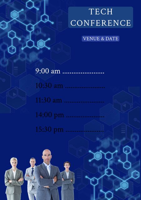 Composite of tech conference, venue and date, timings and hexagons with caucasian business people. Poster, template, event, seminar, conference program, schedule, business and design concept.