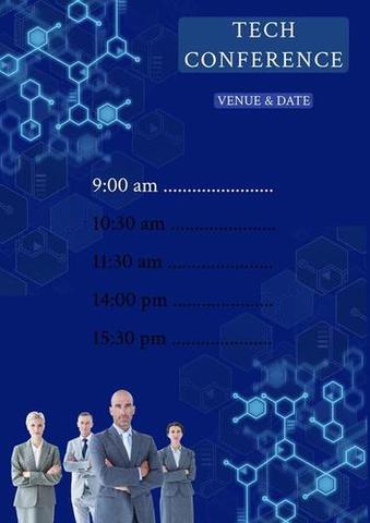 Composite of tech conference, venue and date, timings and hexagons with caucasian business people. Poster, template, event, seminar, conference program, schedule, business and design concept.