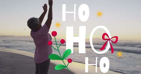 Senior Woman at Beach Amidst Festive Holiday Greetings - Download Free Stock Images Pikwizard.com
