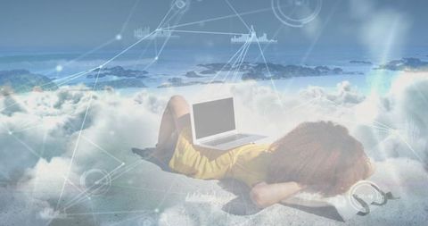 Dreamy Coastal Connection: Woman Relaxing on Beach with Laptop