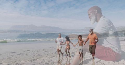 Senior man overlays family beach joy highlights multigenerational bond