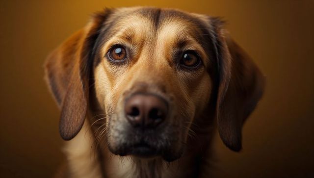 Gazing brown dog with floppy ears and soulful amber eyes closeup studio portrait