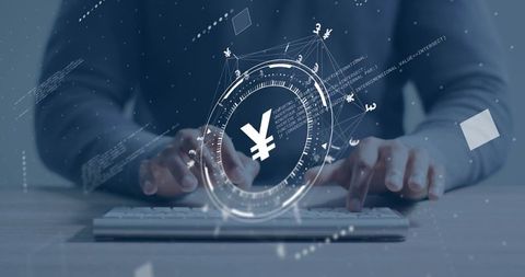 Futuristic digital yen interface with hands typing on keyboard for fintech concept