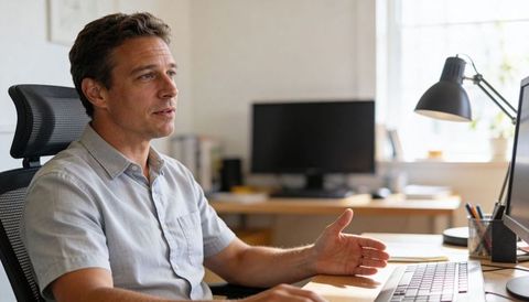 Professional man gesturing while speaking at home office desk with ergonomic chair