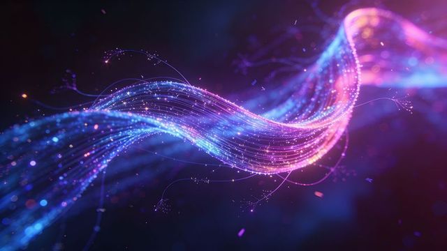 Abstract neon light wave twisting and flowing through dark space with glowing particles