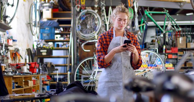 Female Mechanic in Workshop Using Smartphone, Surrounded by Bicycles and Tools - Download Free Stock Images Pikwizard.com