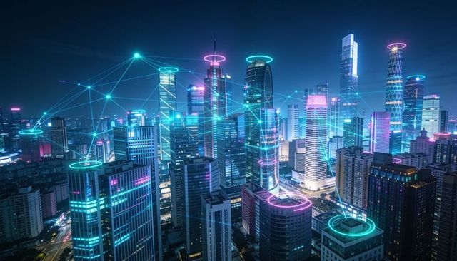 Smart-city skyline glowing with neon network rings connecting skyscrapers at night