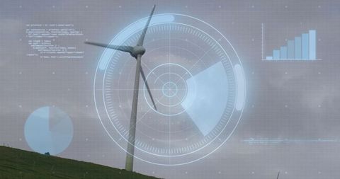 Wind Turbine with Futuristic Data Visualization Overlay