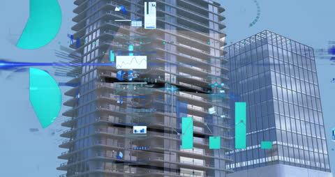 Digital Data Analytics Overlaying Modern Skyscrapers