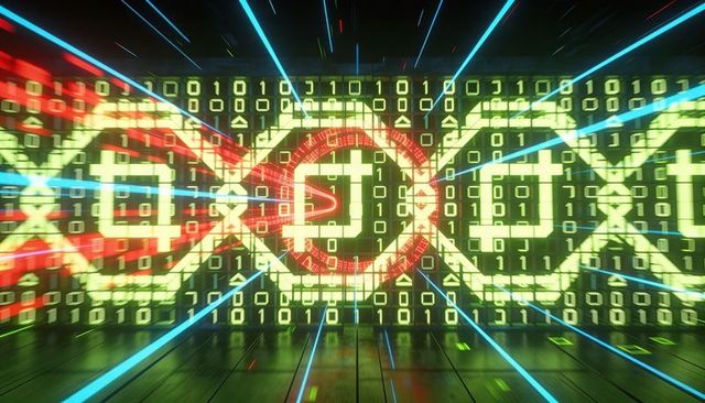 Neon blockchain data tunnel featuring central red consensus node and binary stream motion