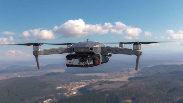 Emergency medical drone delivering supplies over rural valley with transparent case