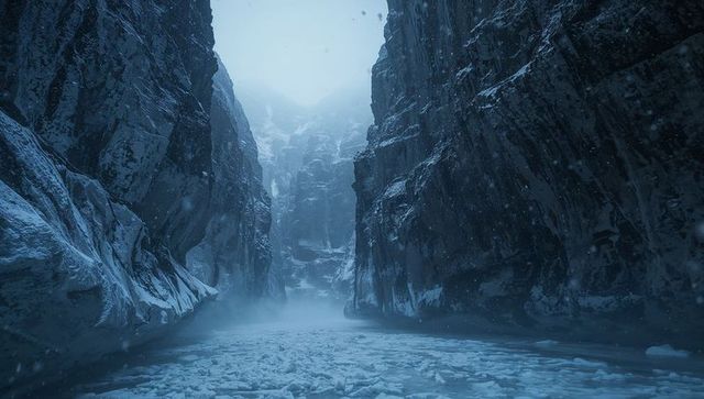 Narrow frozen canyon stretching between towering ice-clad cliffs in blue winter mist
