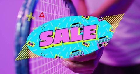 Neon tennis sale graphic featuring hand gripping racquet strings with retro boombox icons