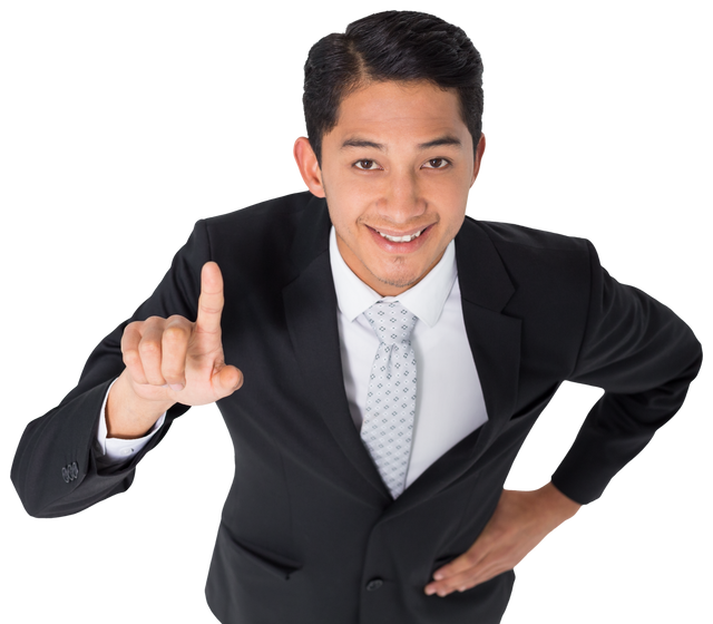 Smiling Biracial Businessman Pointing Up Isolated on Transparent Background - Download Free Stock Videos Pikwizard.com