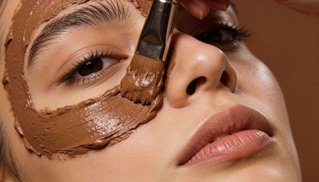 Woman receiving brown clay face mask with brush application close-up for skincare