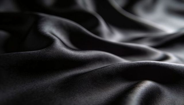Black satin waves shimmering silk texture abstract luxury fabric background closeup macro