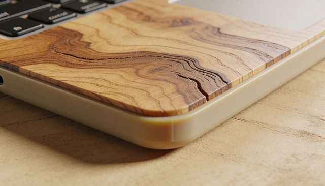 Closeup wood-grain laptop skin with beige chassis and small crack on wooden desk