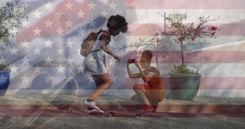 Young Women Skateboarding with Patriotic Symbolism Overlay