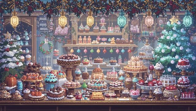 Pixel-art holiday patisserie counter filled with festive cakes, pastries, wreaths