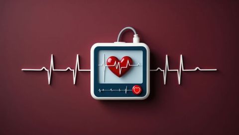 3d heart icon and ecg monitor on burgundy background, cardiovascular diseases focus