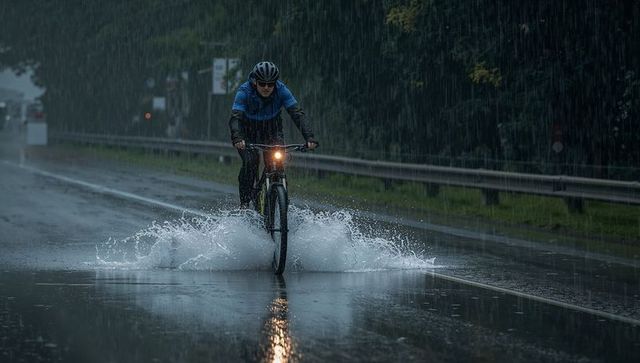 Cyclist riding through heavy rain splashing puddle with headlight reflection on wet road