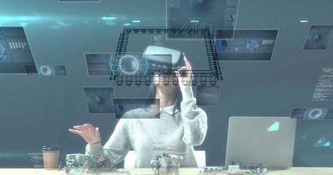 Woman Using VR Headset with Digital Interfaces