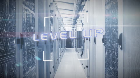 Level Up Text with Futuristic Server Room Background