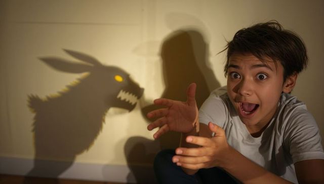 Teen reacting to menacing wolf shadow on wall with surprised hands and dramatic lighting