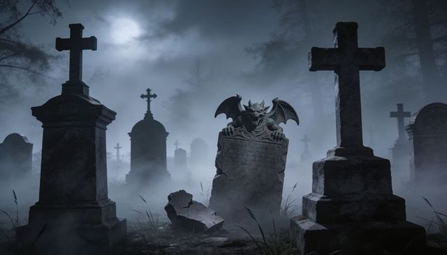 Moonlit cemetery with carved gargoyle perching on damaged headstone, foggy graveyard