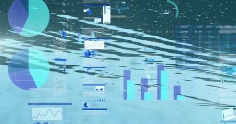Digital data dashboard floating over virtual water surface