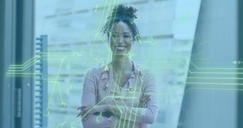 Businesswoman Leading Digital Innovation with Circuit Board Overlay