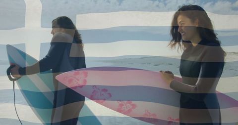 Smiling Surfers Enjoying Sunny Adventure at Beach