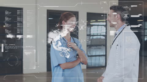 Doctors Analyzing Digital Data Interface in Modern Hospital