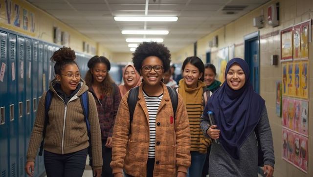 Diverse Group of Female Students Walking in School Hallway