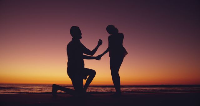 Silhouetted couple on the beach at sunset, with copy space - Download Free Stock Photos Pikwizard.com