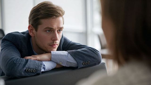 Leaning young professional listening intently during serious office conversation