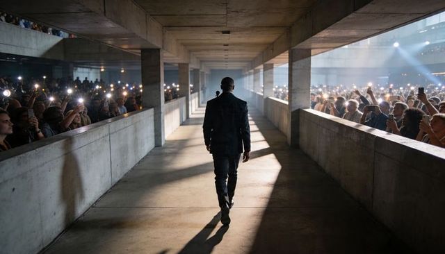 Performer walking down concrete corridor toward microphone surrounded by phone lights
