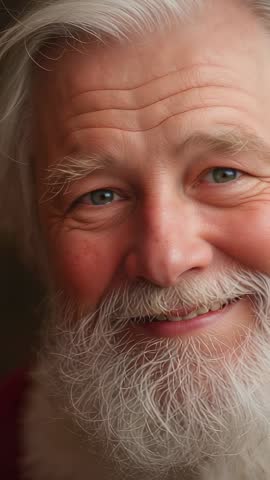 Smiling senior man with white beard reacting to offscreen voice in cozy vertical video