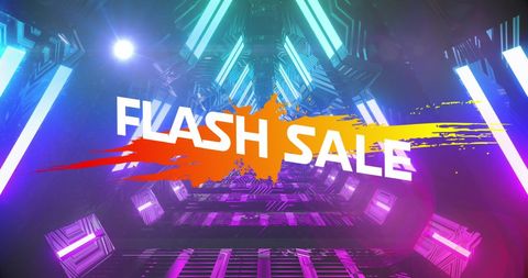 Futuristic Flash Sale Tunnel with Colorful Digital Effects