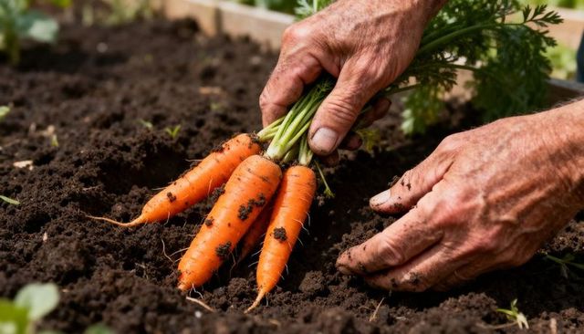 Gardener Hands Harvesting Fresh Carrots from Raised Garden Bed with Soil Clinging